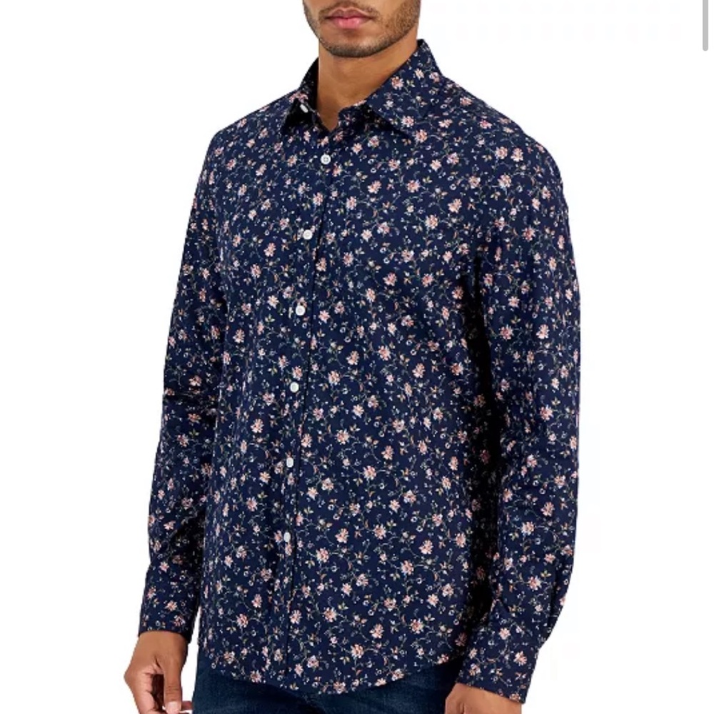 Bugatchi Cotton 8 Way Stretch Men’s Night Blue Floral Button Down Shirt Like New